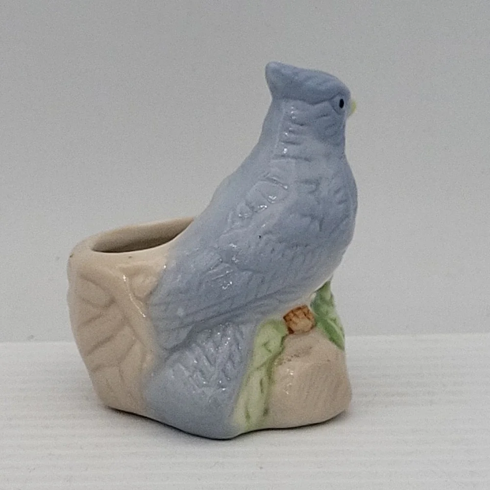Blue Bird Toothpick Holder Pottery Ceramic Figurine Small Blue Jay Nest